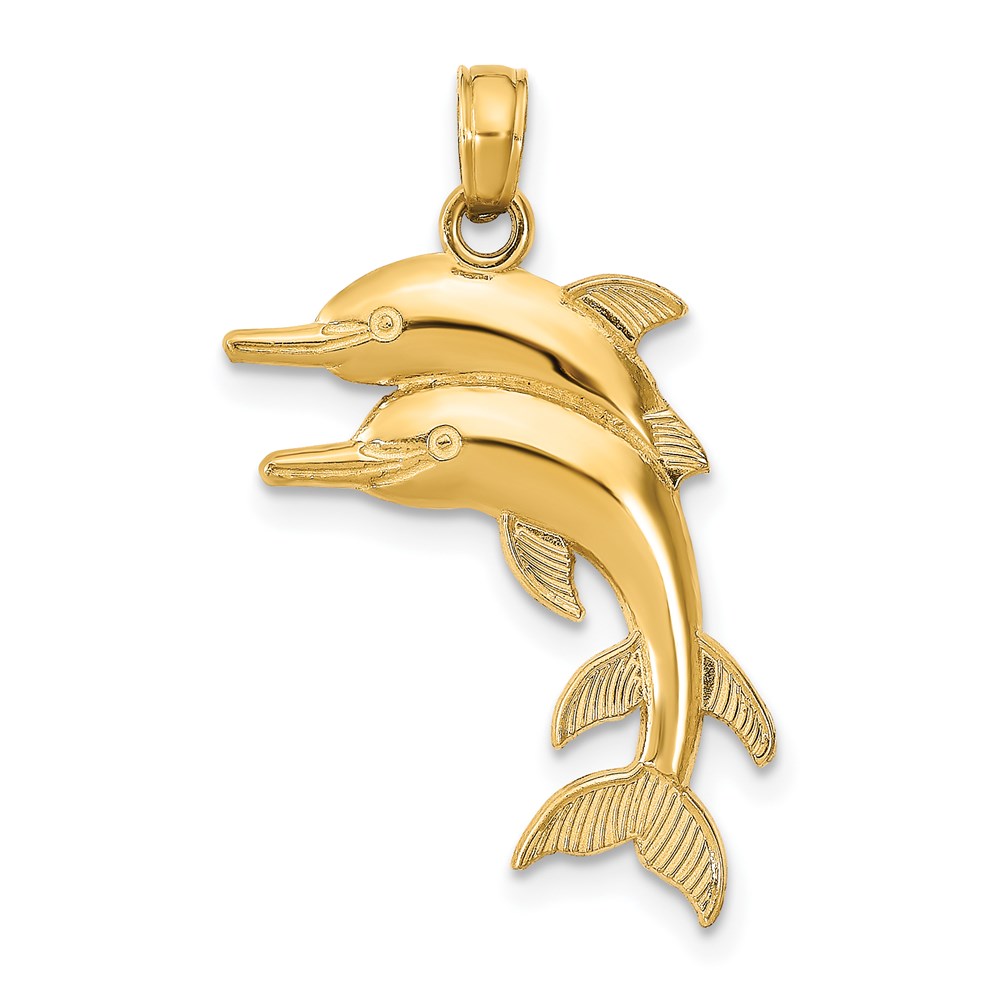 14k Yellow Gold 2-D Two Jumping Dolphins Necklace Charm Pendant